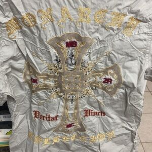 Y2K Monarchy Embroidered Beige Short Sleeve Shirt